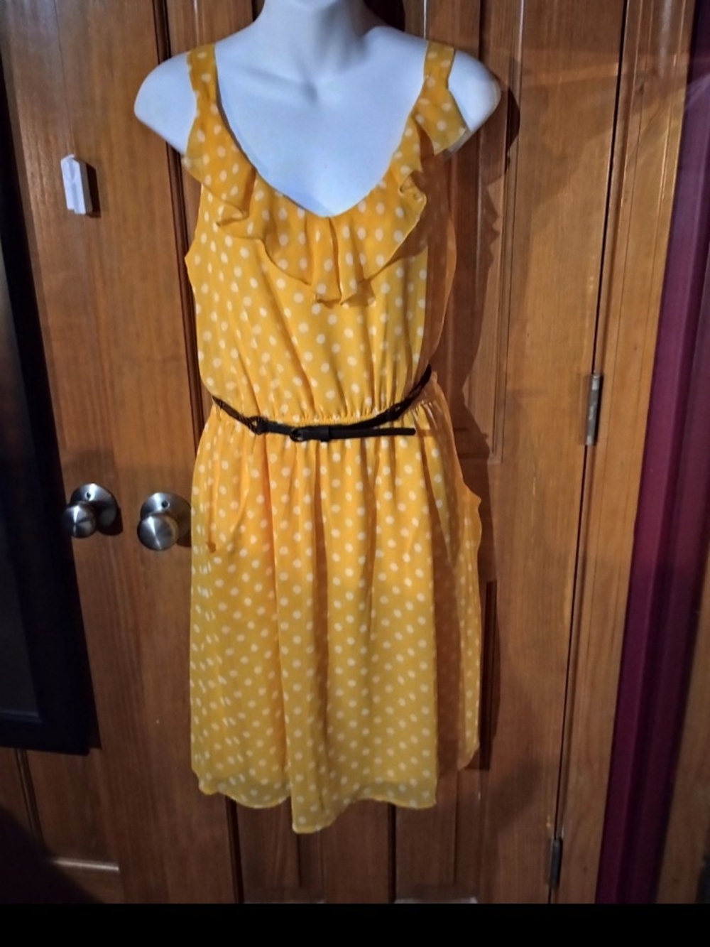 Maurices Yellow Polka Dot Ruffle Dress with Belt